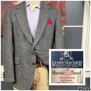 Vintage Harris Tweed Blazer Mens 42L Long Slim Fit Wool Herringbone Navy/Gray